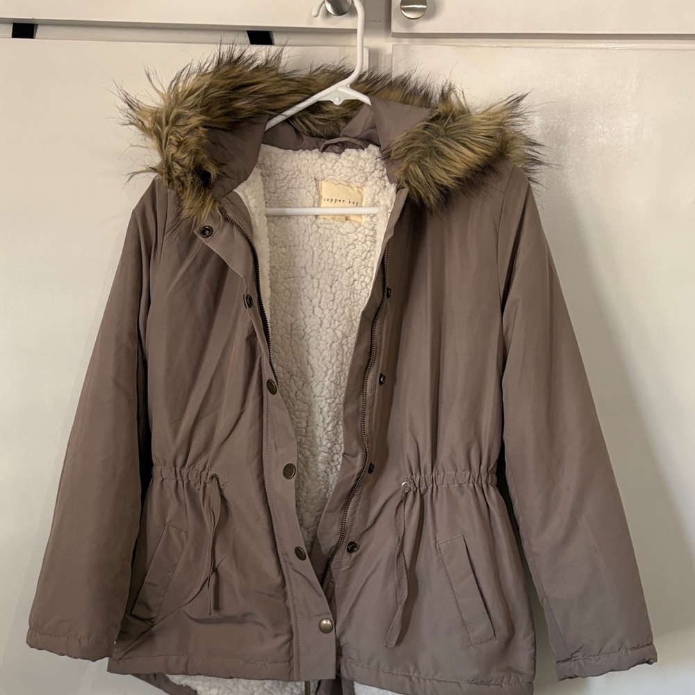 Urban Republic Taupe Puffer Jacket with Faux Fur Hood